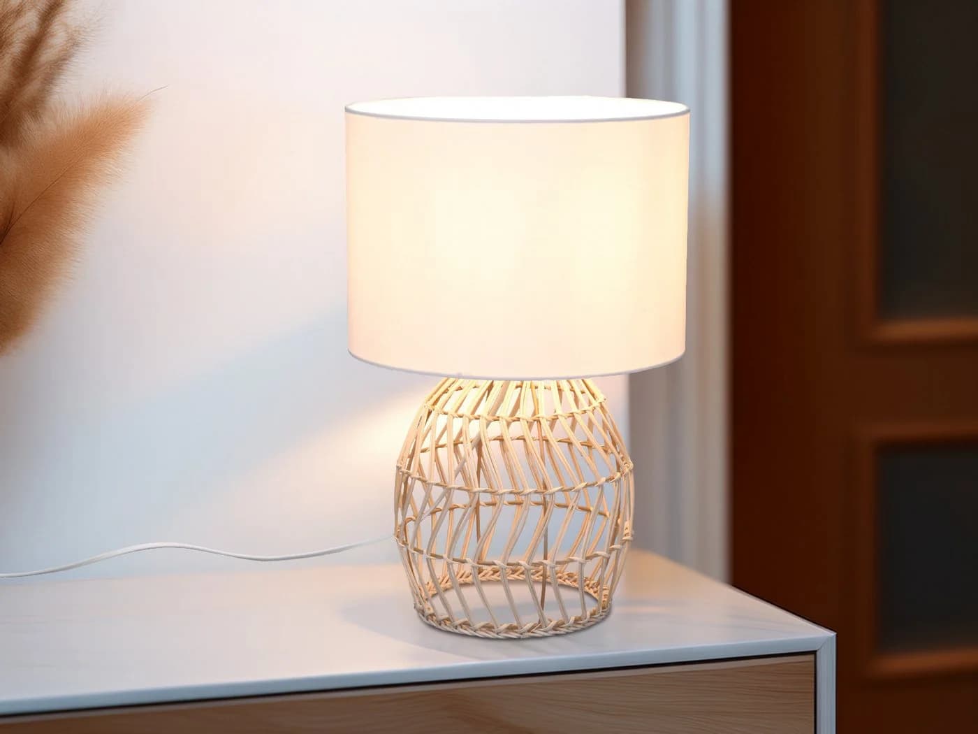 Reality Leuchten LED Nachttischlampe Boho Rattan Weiß Dimmbar - Bild 5