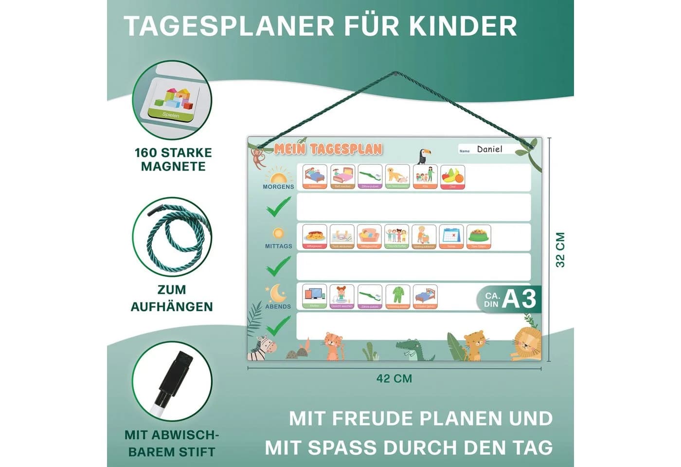 Mini Mindz Magnettafel Tagesplaner Kinder Grün mit 160 Magneten