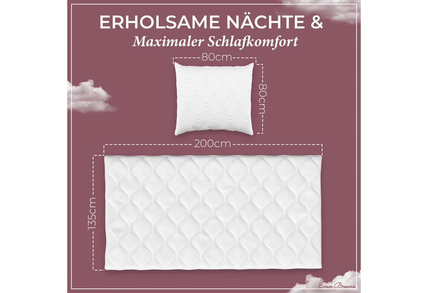 EVAN BROWNS Bettdecke + Kopfkissen Set Silikonisierte Hohlfaser Hypoallergen