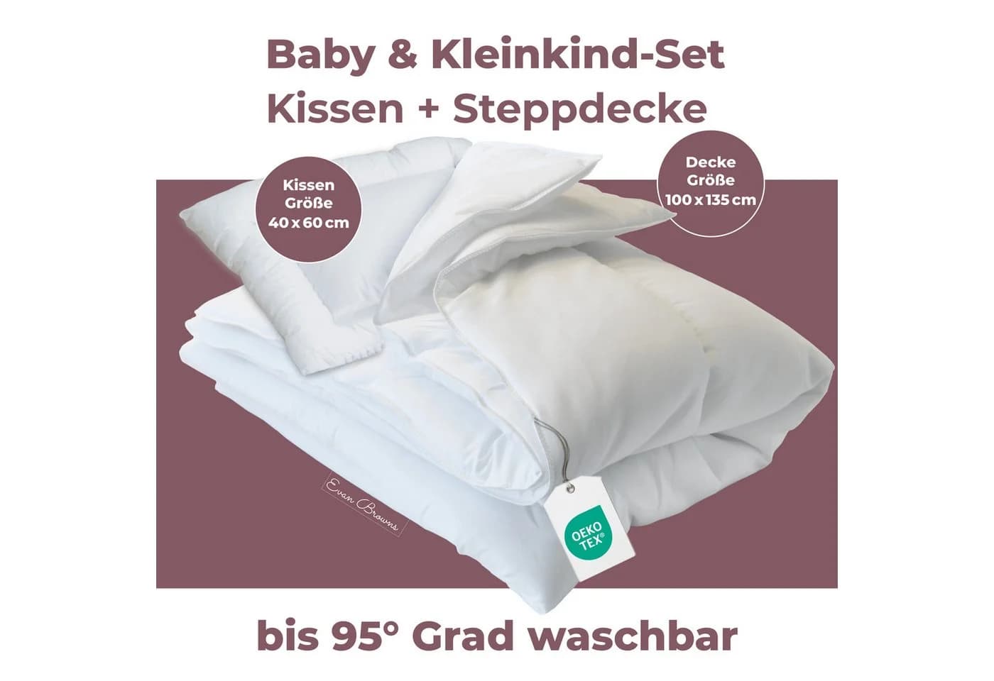 EVAN BROWNS Bettdecke + Kopfkissen für Kinder, bis zu 90°C waschbar, trocknergeeignet, hypoallergene Füllung