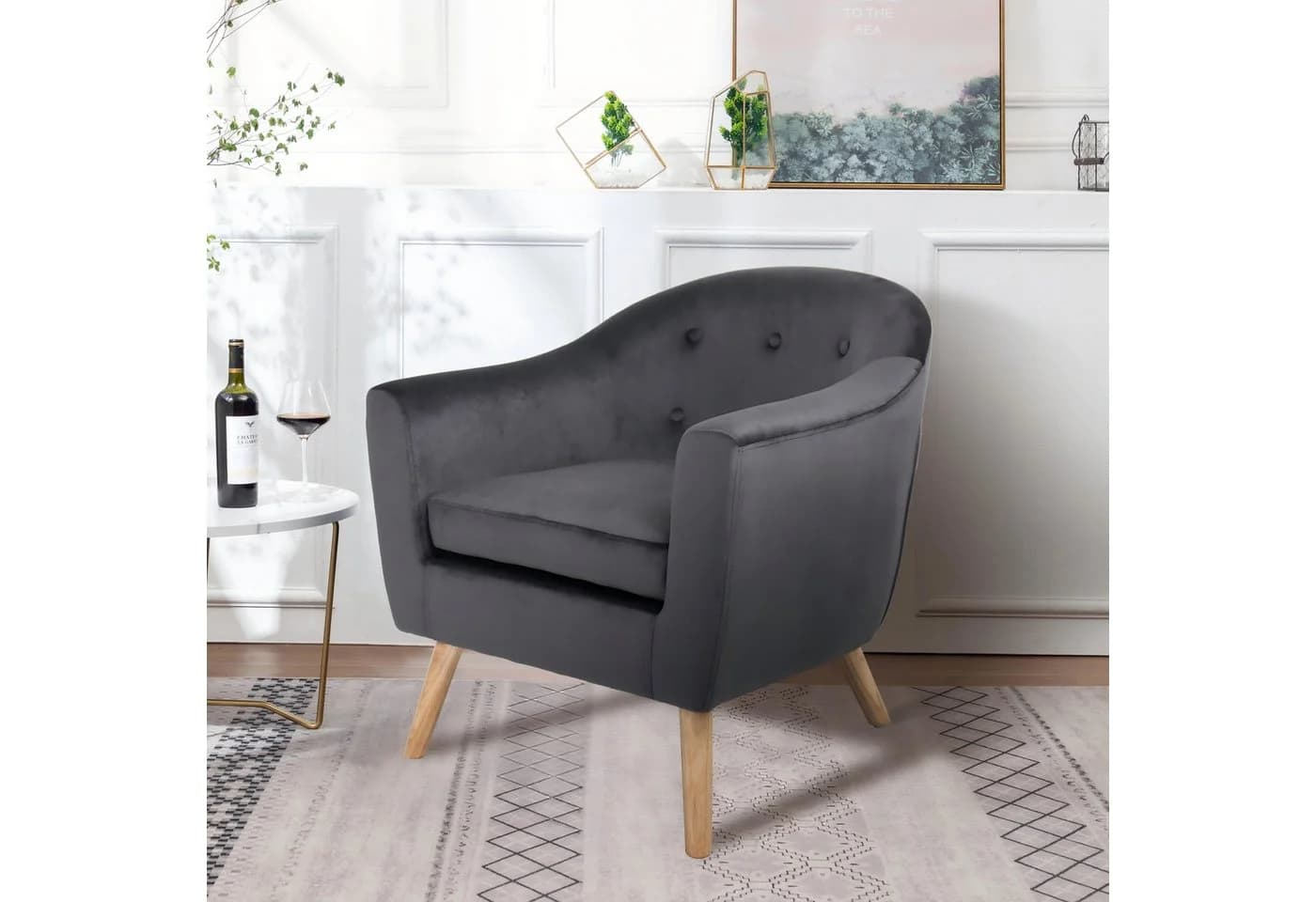 Happy Home Loungesessel Samtbezug grau mit Holzoptik-Beinen