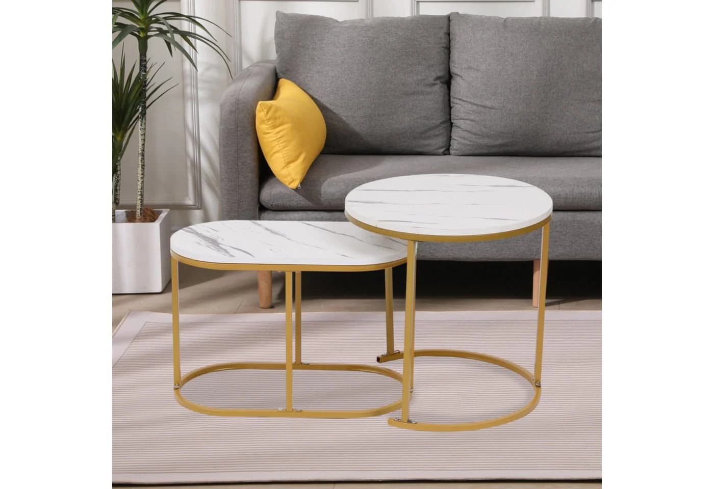 Happy Home 2er Set Satztisch Marmor Weiß Dekor mit Metallgestell Gold