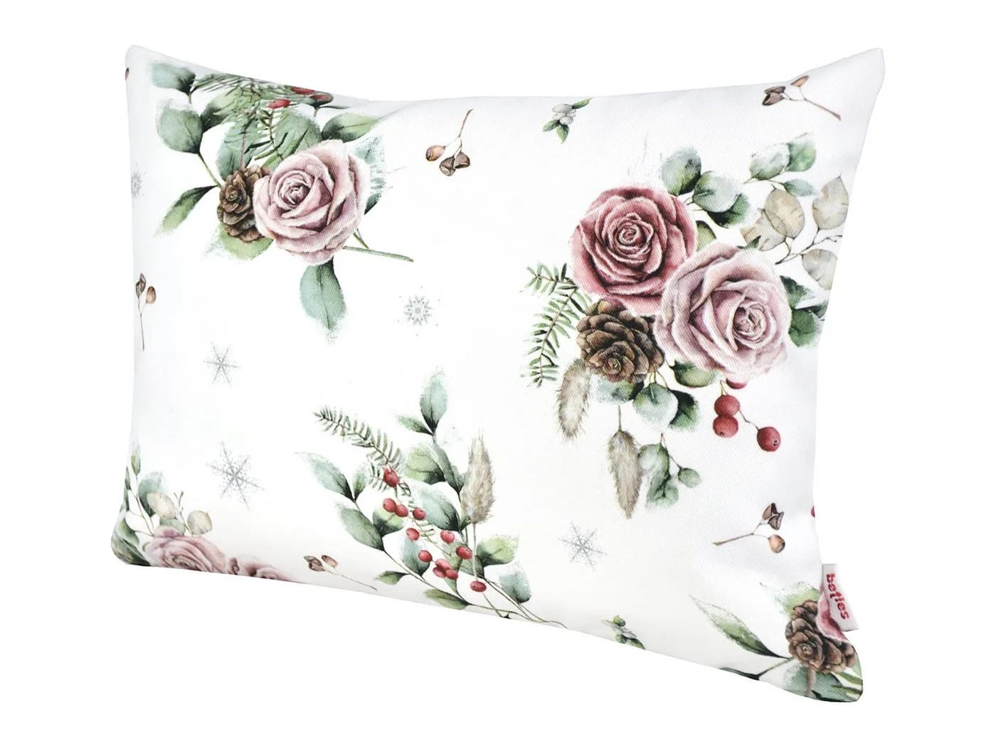 beties Kissenbezug Frost-Rose Mauve mit Rosen, Kiefernzapfen und Zweigen