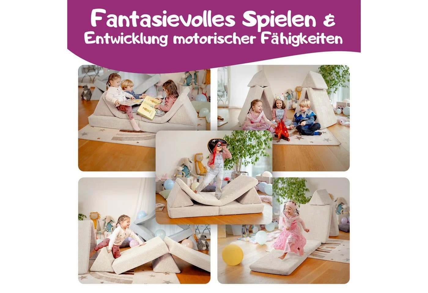 Linodino Kindersofa Spielsofa Beige Schaumstoff Modulares Design