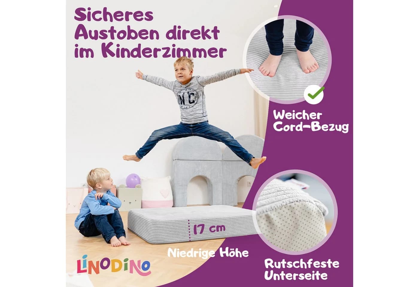 Linodino Hüpfpolster Cord Grau mit Federkern