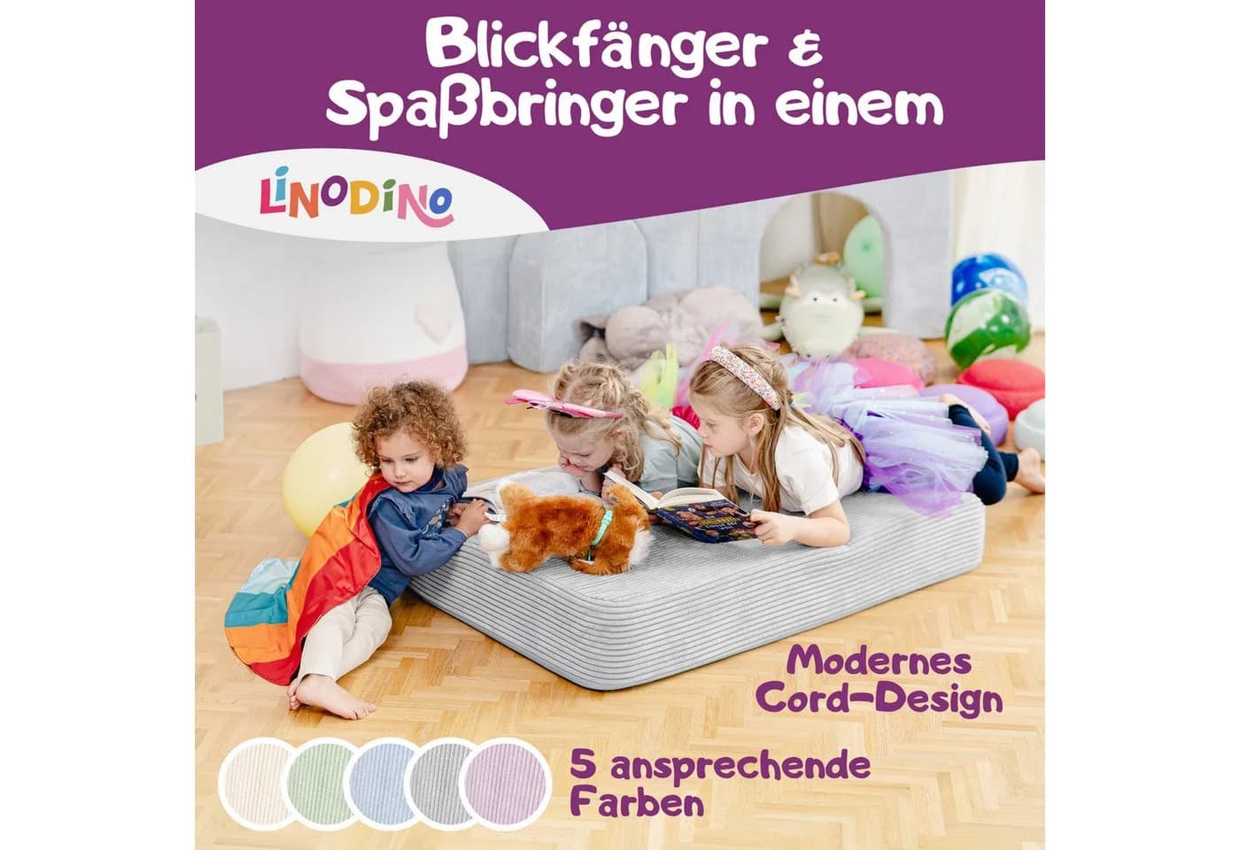 Linodino Hüpfpolster Cord Grau mit Federkern - Bild 3