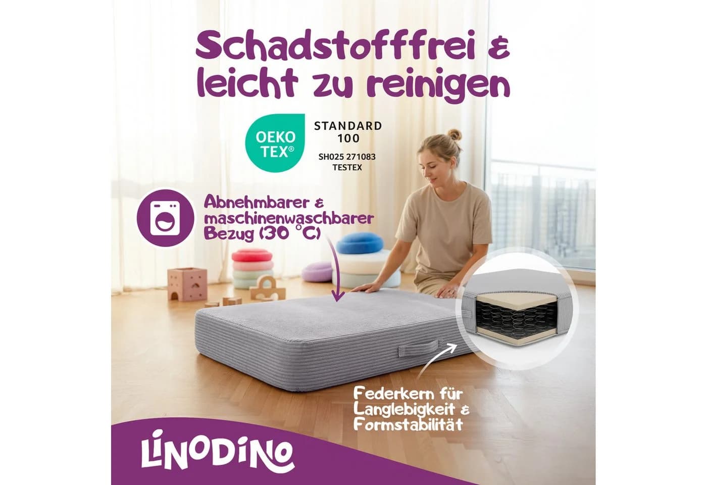 Linodino Hüpfpolster Cord Grau mit Federkern - Bild 4