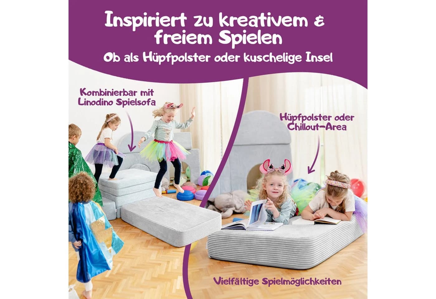 Linodino Hüpfpolster Cord Grau mit Federkern - Bild 5