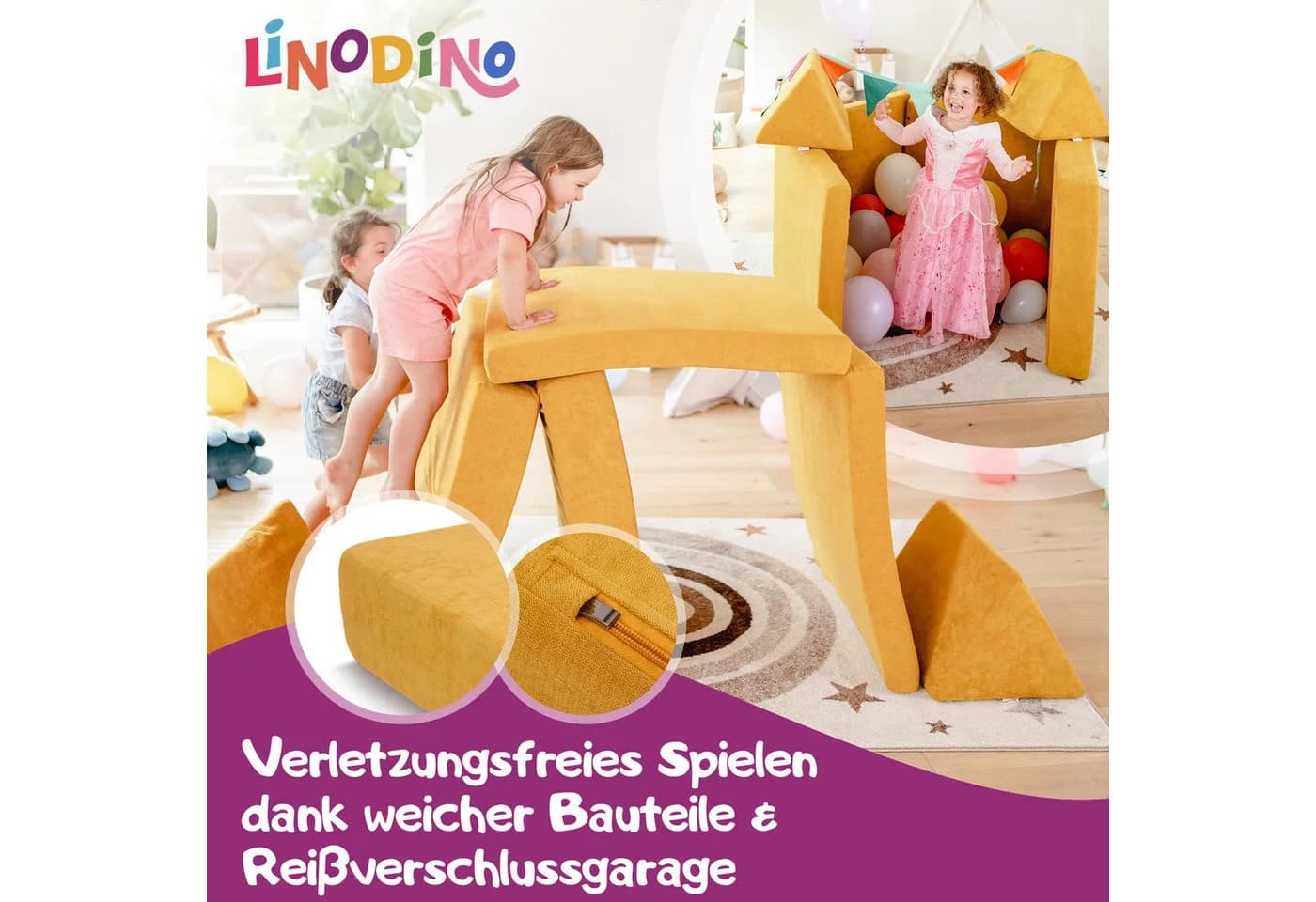 Linodino Spielsofa Kinder Chenille Bezug Gelb - Bild 3
