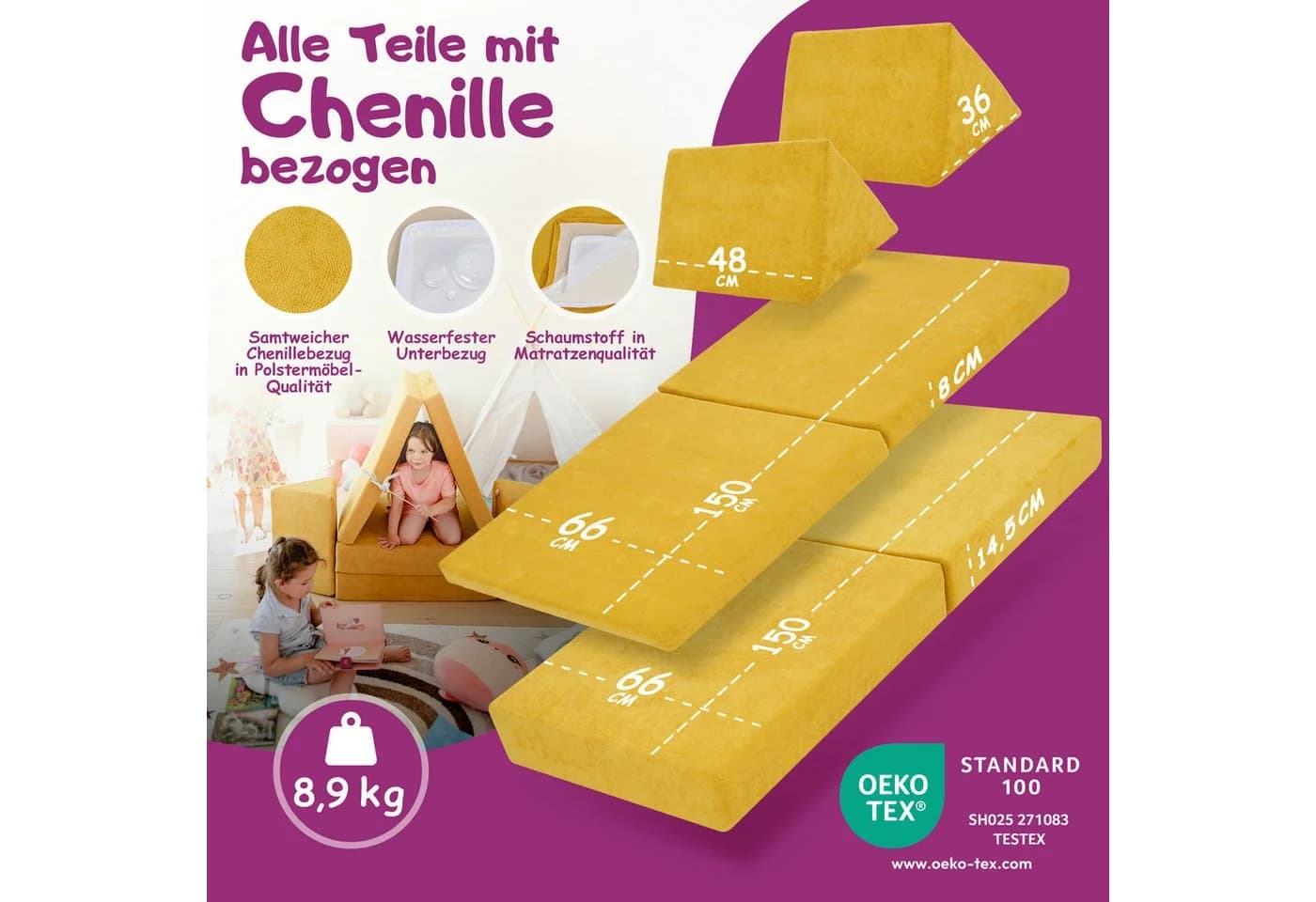 Linodino Spielsofa Kinder Chenille Bezug Gelb - Bild 4