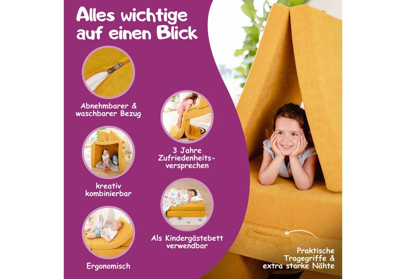 Linodino Spielsofa Kinder Chenille Bezug Gelb - Bild 5