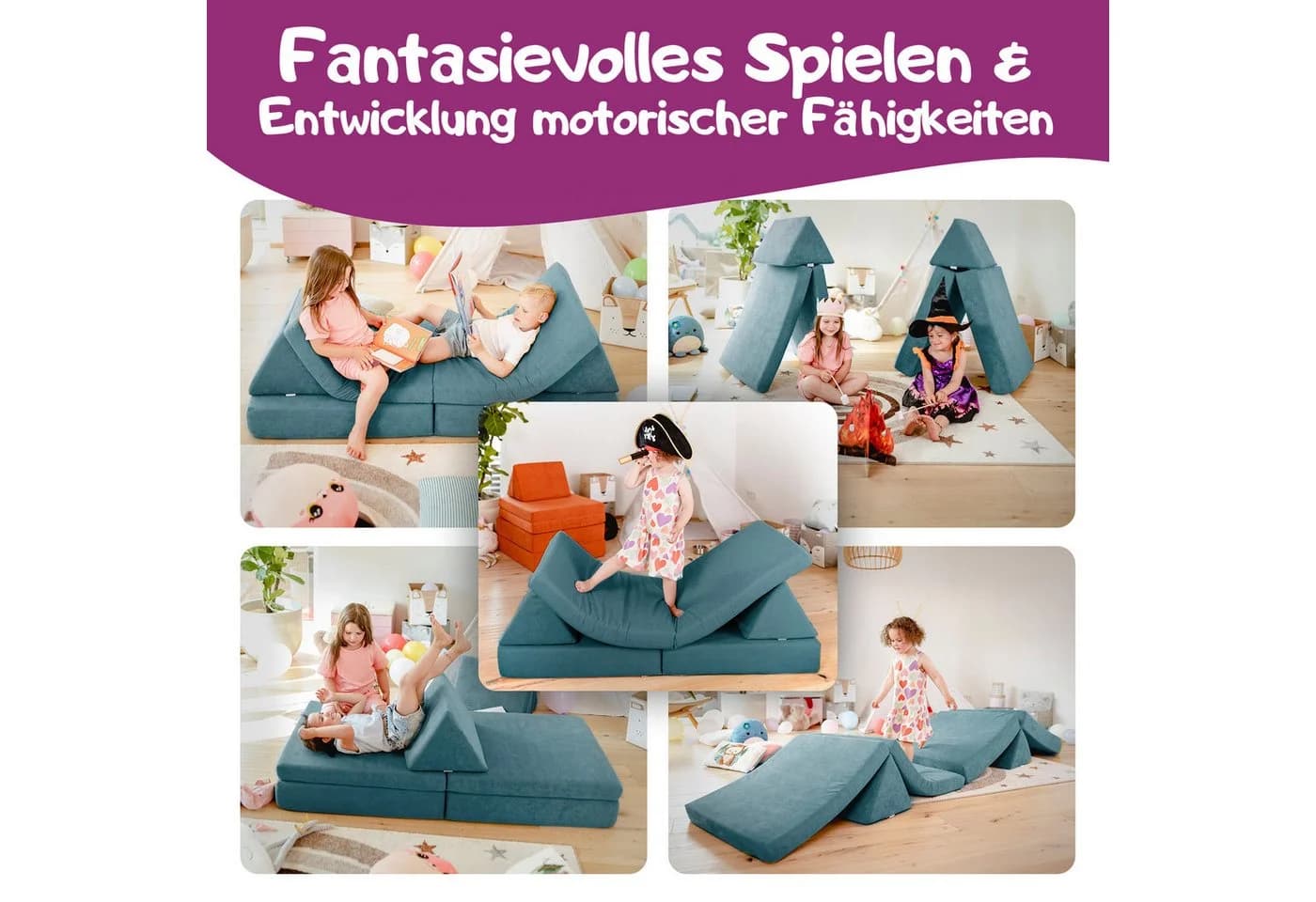 Linodino Spielsofa Kinder Blau Chenille Bezug Modular