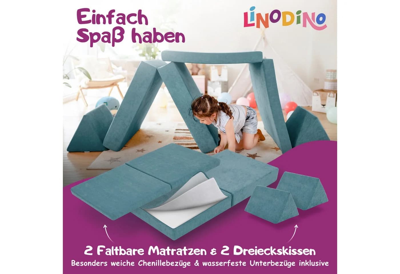 Linodino Spielsofa Kinder Blau Chenille Bezug Modular - Bild 4