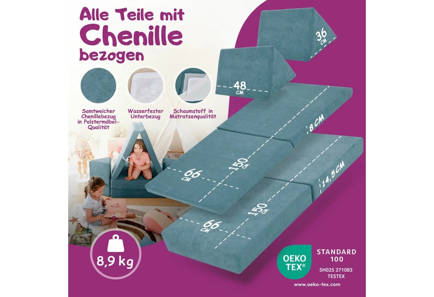 Linodino Spielsofa Kinder Blau Chenille Bezug Modular - Bild 5