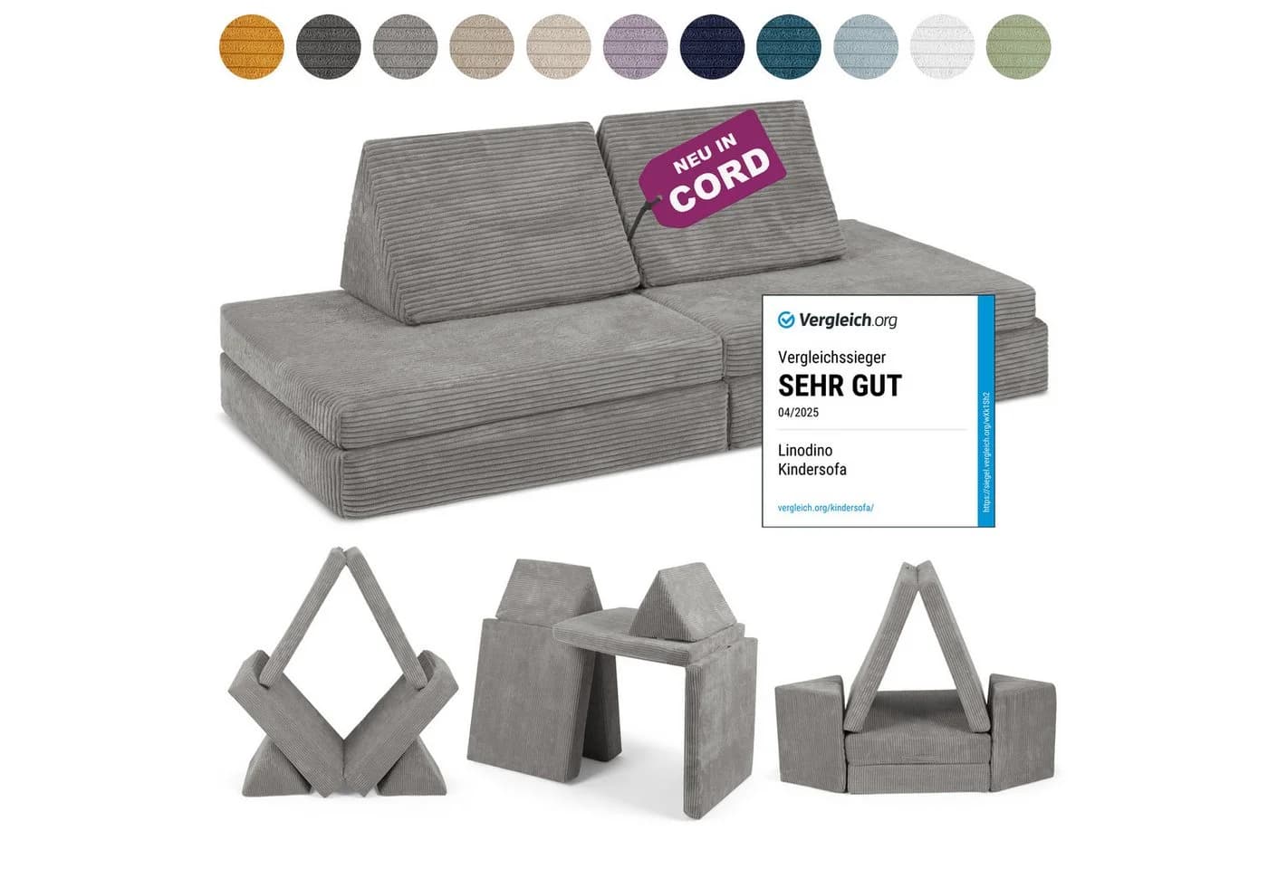 Linodino Kindersofa Spielsofa Grau Cord-Bezug 3 Jahre Garantie - Bild 2