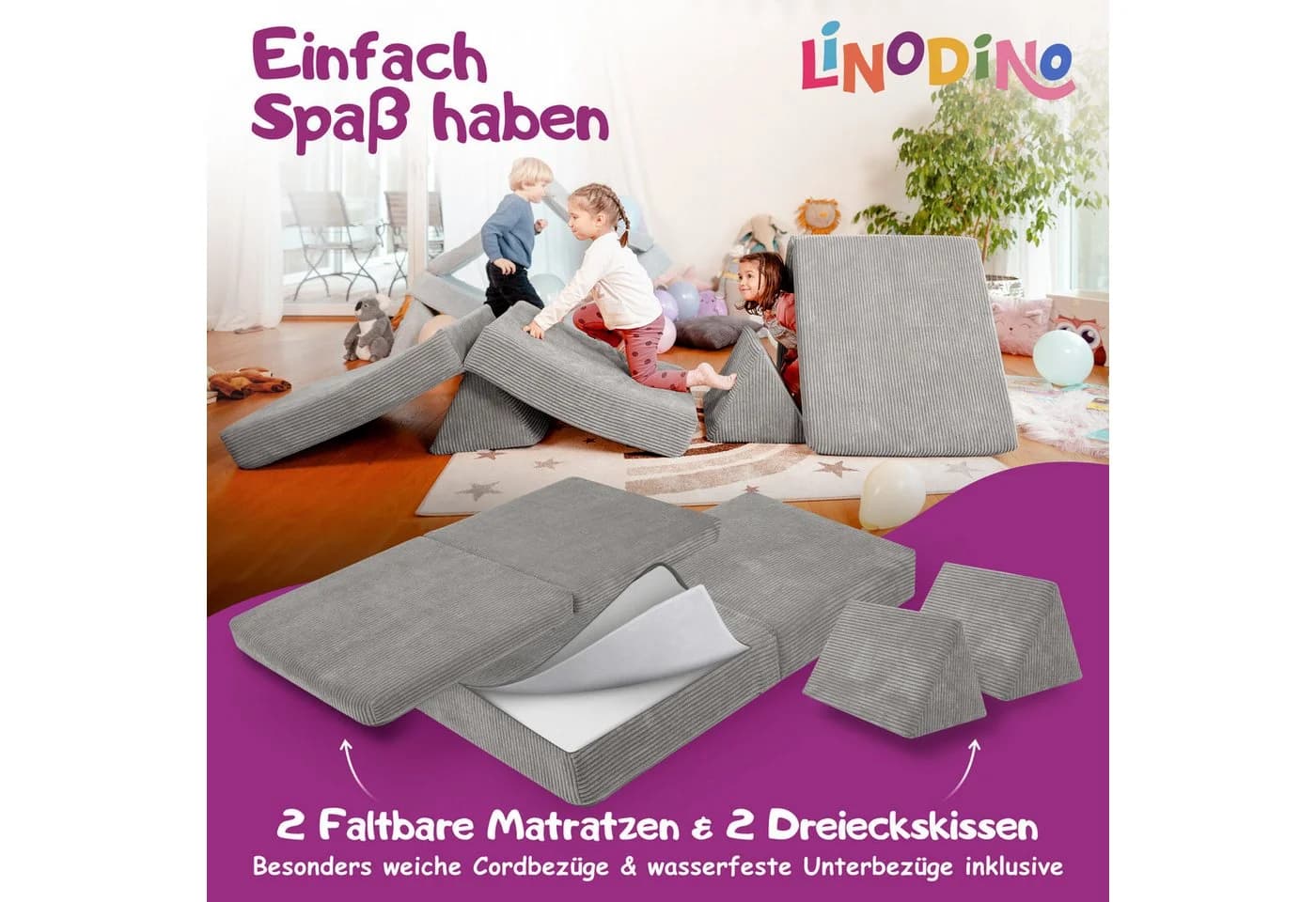 Linodino Kindersofa Spielsofa Grau Cord-Bezug 3 Jahre Garantie - Bild 4