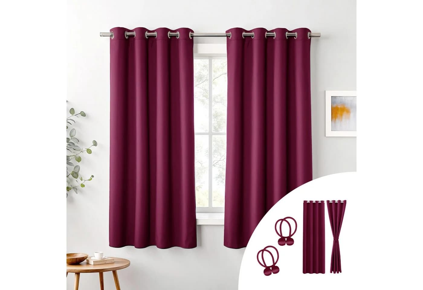 Cozyor Verdunkelungsvorhang 2er-Set Bordeaux Mikrofaser mit Magnethalter - Bild 2