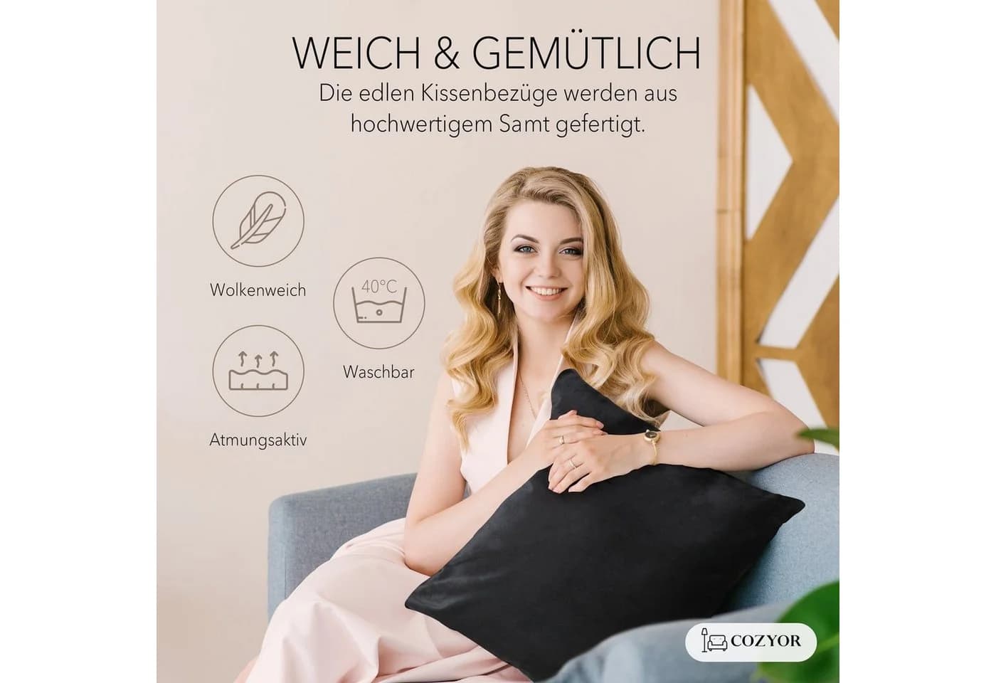 Cozyor Kissenbezug Samt Schwarz 40x40 cm 2er Set mit Reißverschluss