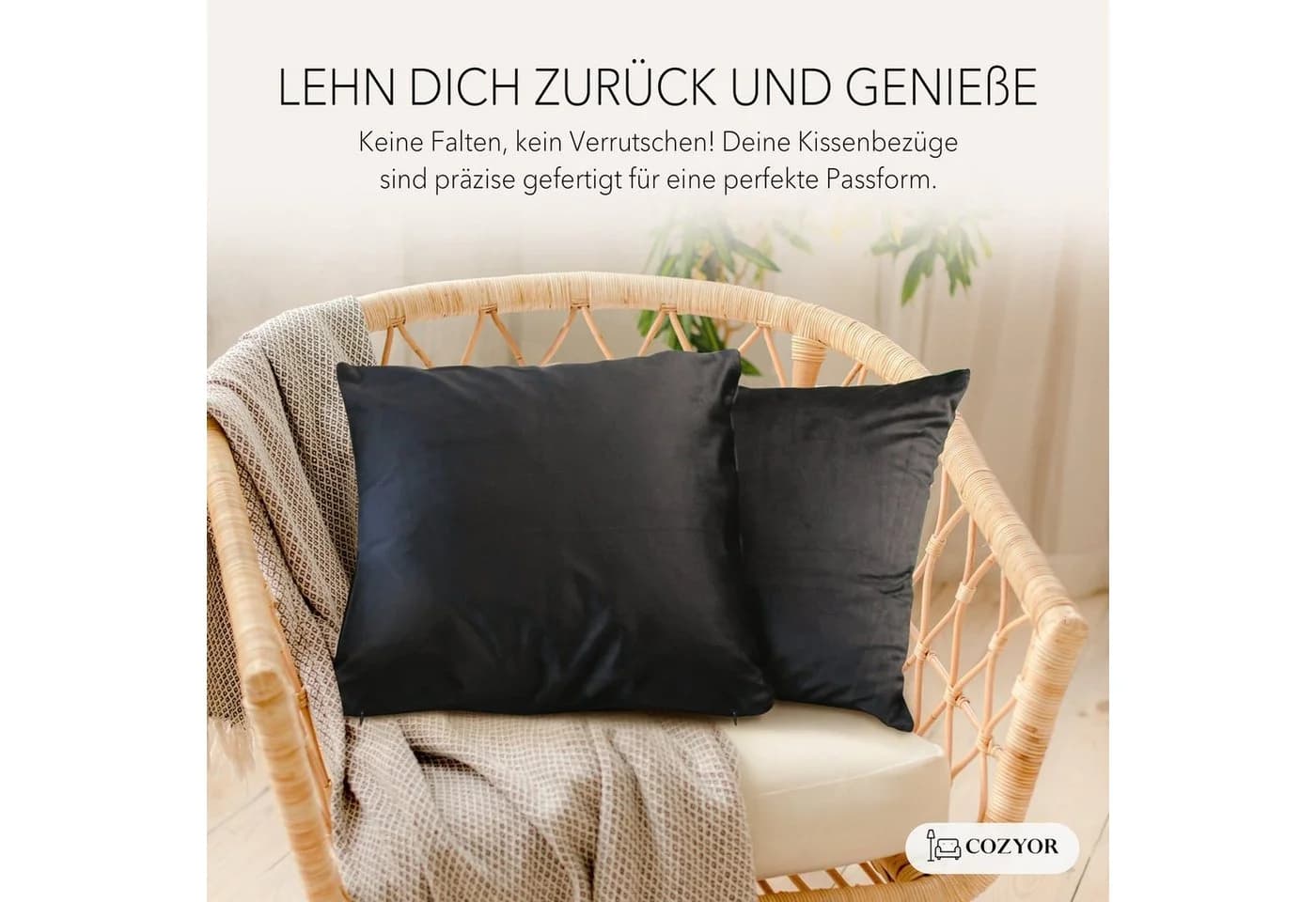 Cozyor Kissenbezug Samt Schwarz 40x40 cm 2er Set mit Reißverschluss - Bild 3