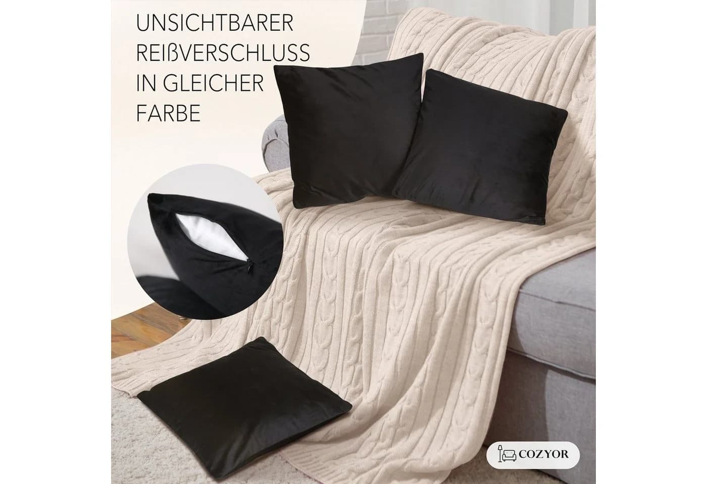 Cozyor Kissenbezug Samt Schwarz 40x40 cm 2er Set mit Reißverschluss - Bild 5