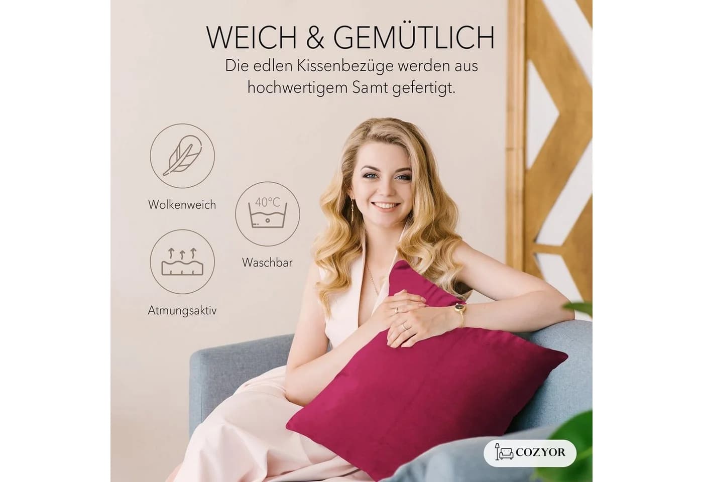 Cozyor Samt Kissenbezug Bordeaux Rot 40x40 cm mit Reißverschluss