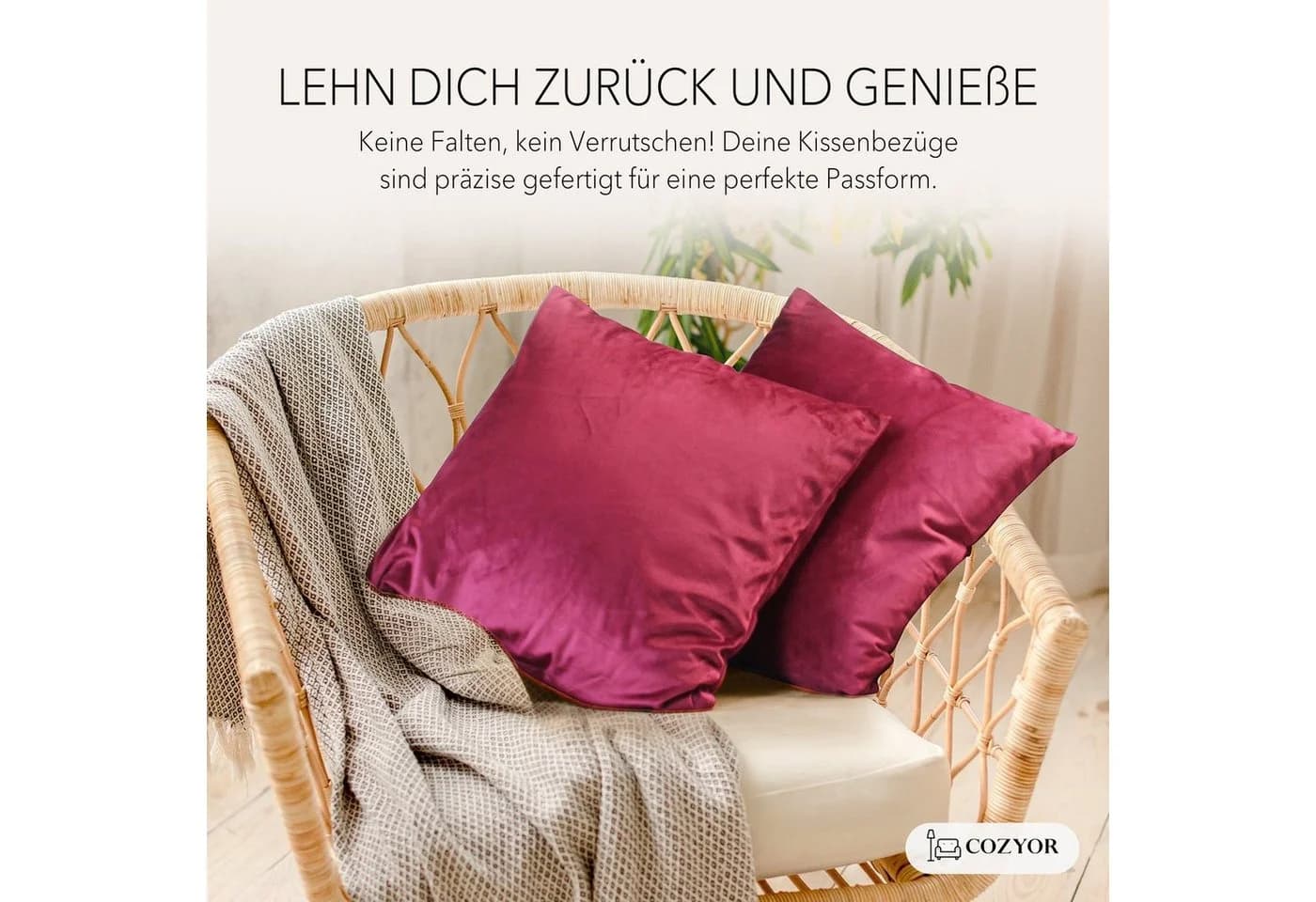 Cozyor Samt Kissenbezug Bordeaux Rot 40x40 cm mit Reißverschluss - Bild 3