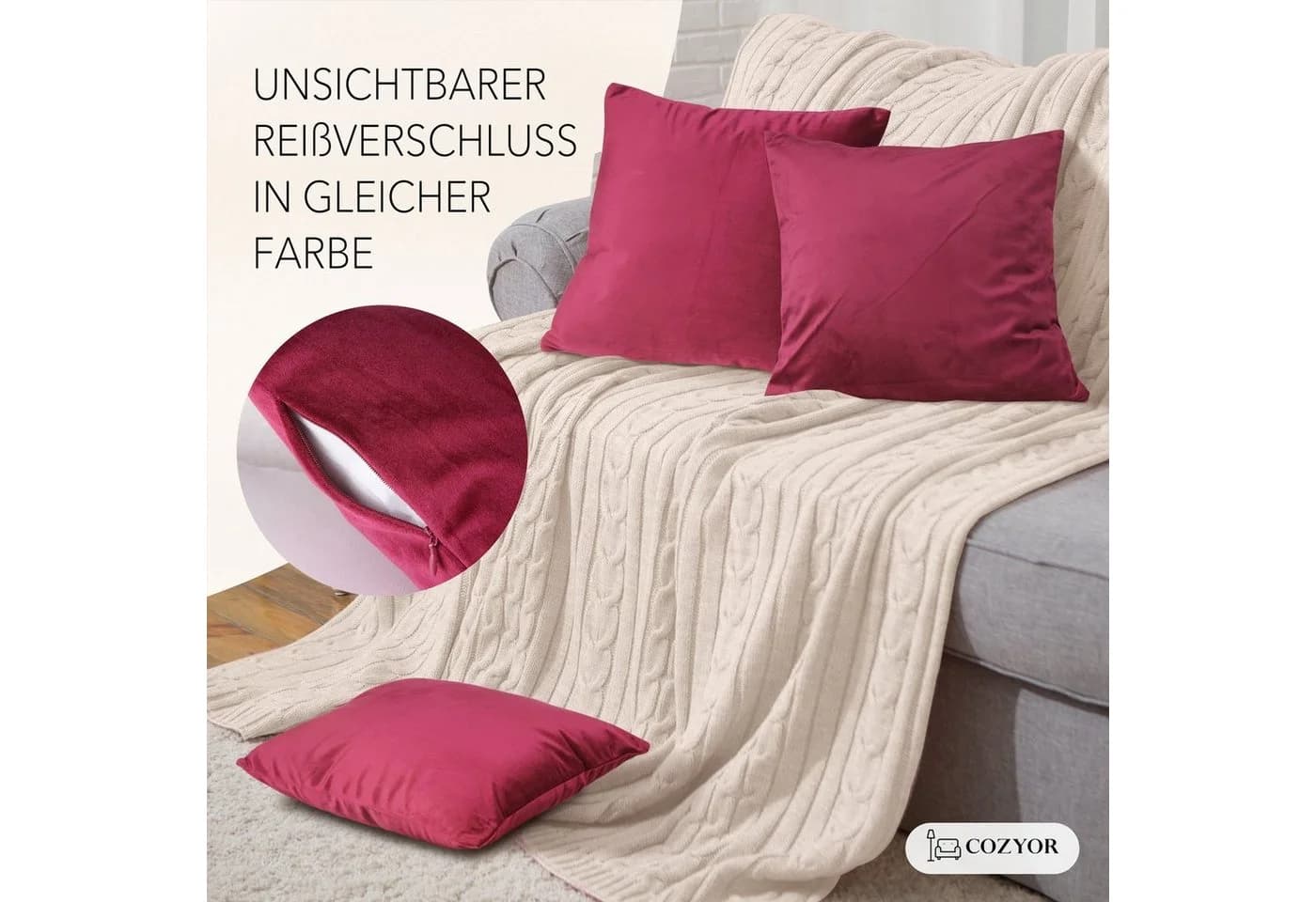 Cozyor Samt Kissenbezug Bordeaux Rot 40x40 cm mit Reißverschluss - Bild 5