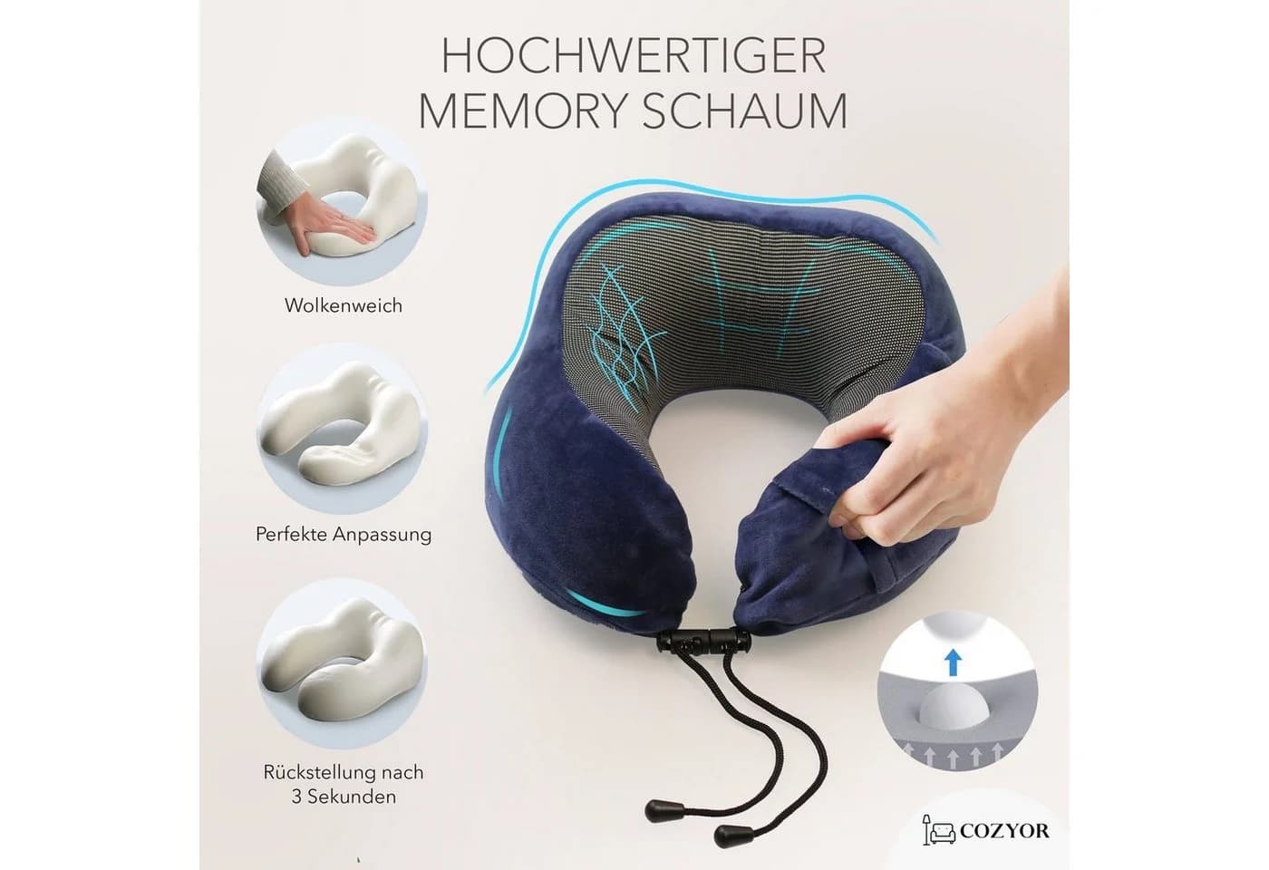 Cozyor Nackenkissen Memory Schaum Dunkelblau mit Tasche - Bild 3