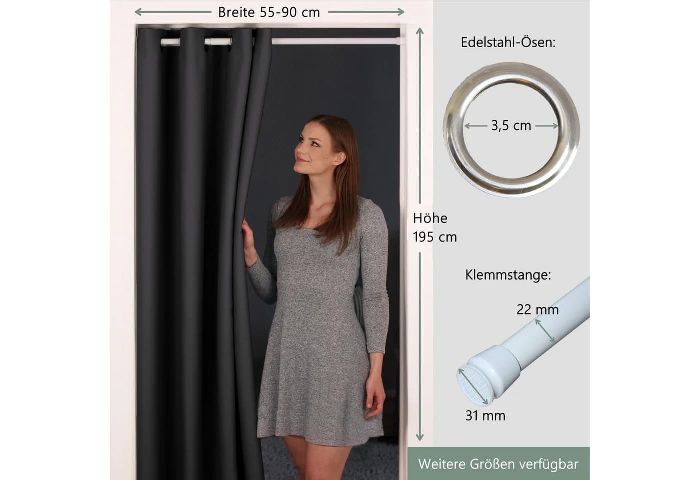 tinycurtains Türvorhang mit Stange weiß 55-90 cm ohne Bohren, Thermo Vorhang Tür, Ösen, abdunkelnd, Polyester, blickdicht, Schwarz Eclipse