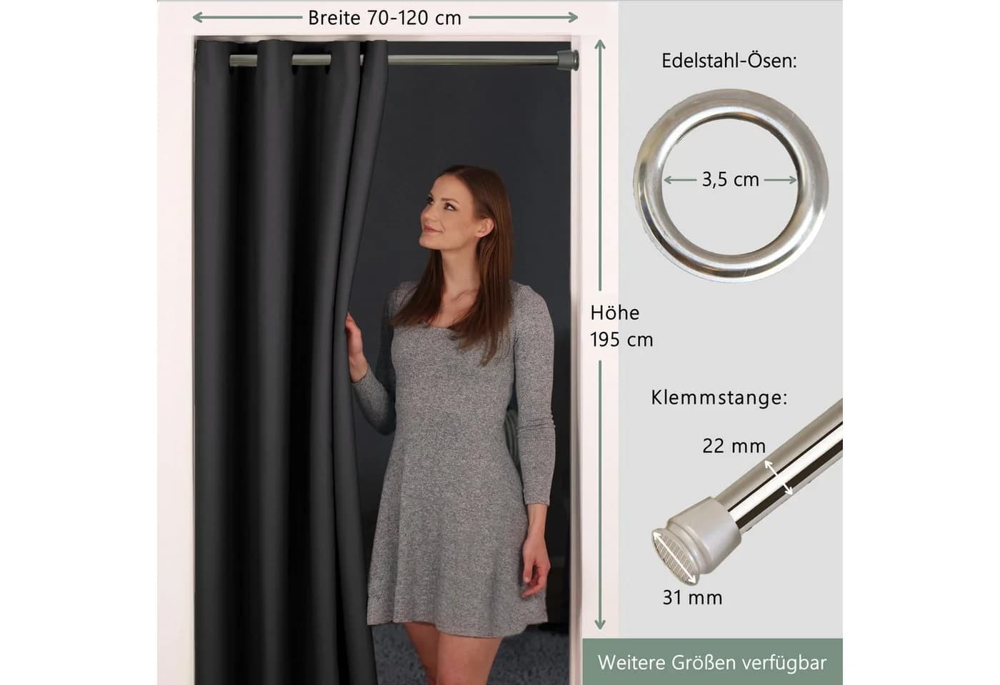 tinycurtains Türvorhang mit Stange Silber 70-120 cm Thermo Vorhang Abdunkelnd Polyester Blickdicht Schwarz Eclipse