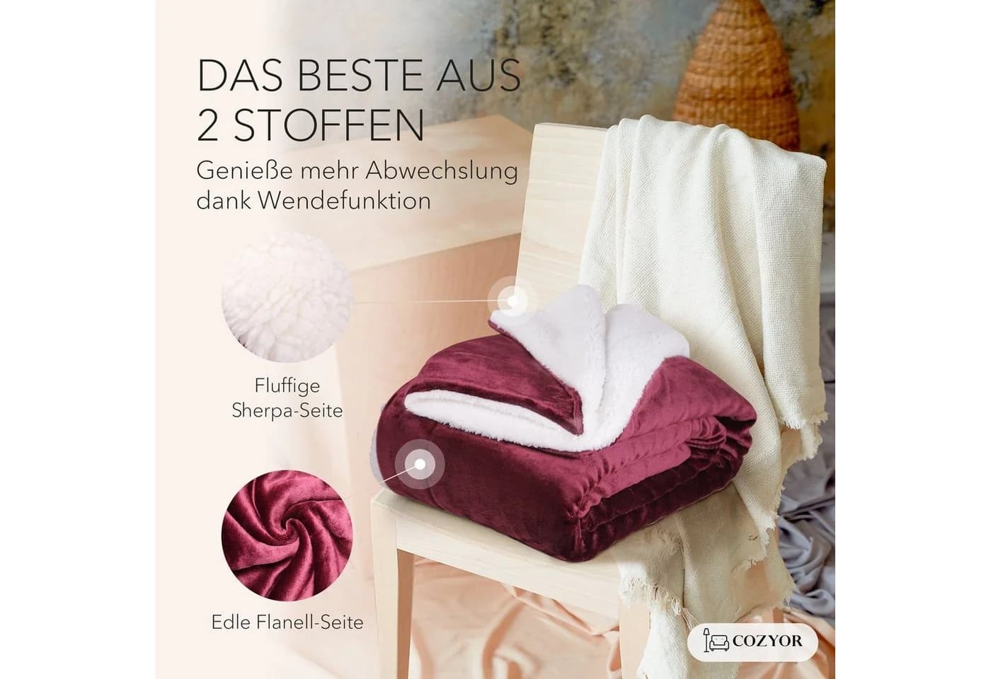 Cozyor Wohndecke XL Kuscheldecke Sherpa Bordeaux Rot