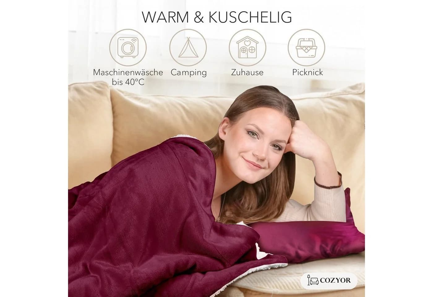 Cozyor Wohndecke XL Kuscheldecke Sherpa Bordeaux Rot - Bild 3