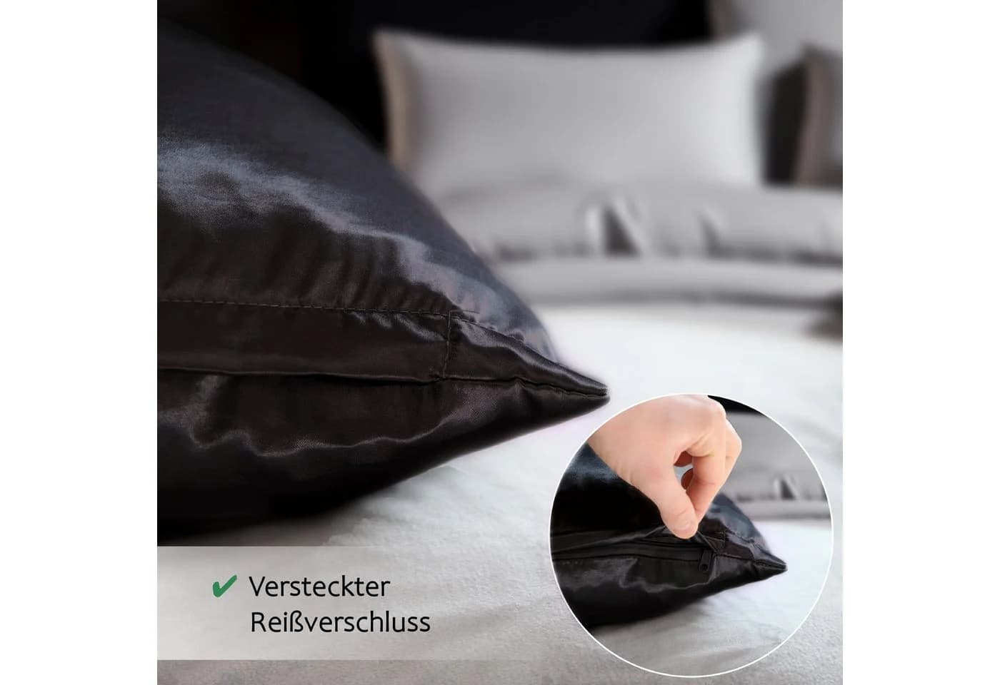 Cozyor Satin-Bettwäsche Schwarz 3-teilig mit Reißverschluss - Bild 3
