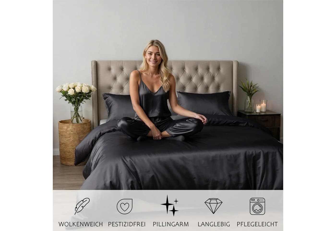 Cozyor Satin-Bettwäsche Schwarz 3-teilig mit Reißverschluss - Bild 4