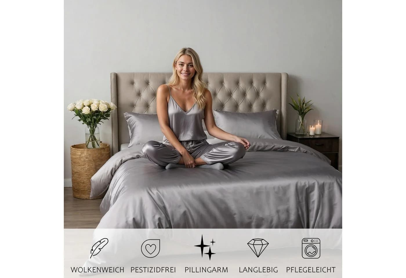 Cozyor Satin-Bettwäsche hellgrau 3-teilig mit Reißverschluss - Bild 4