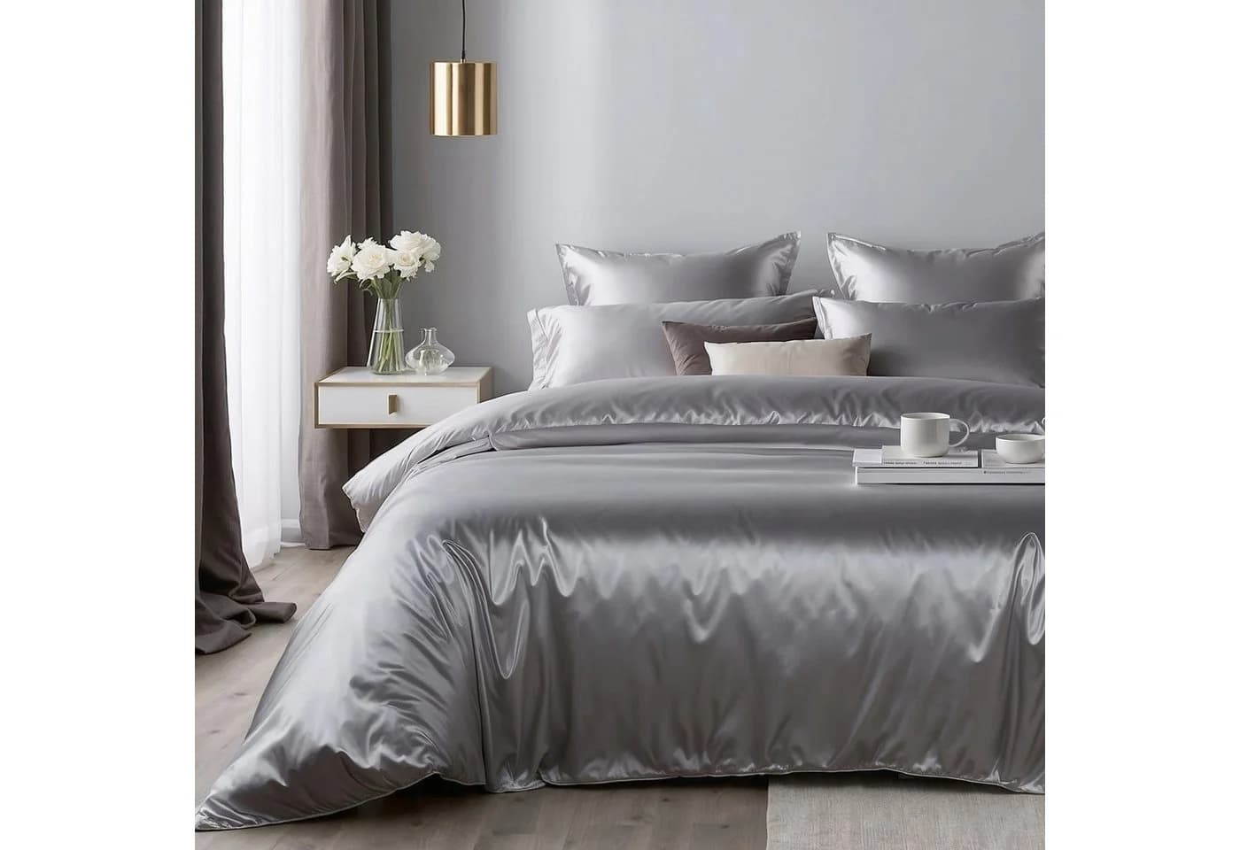 Cozyor Satin-Bettwäsche hellgrau 3-teilig mit Reißverschluss - Bild 5
