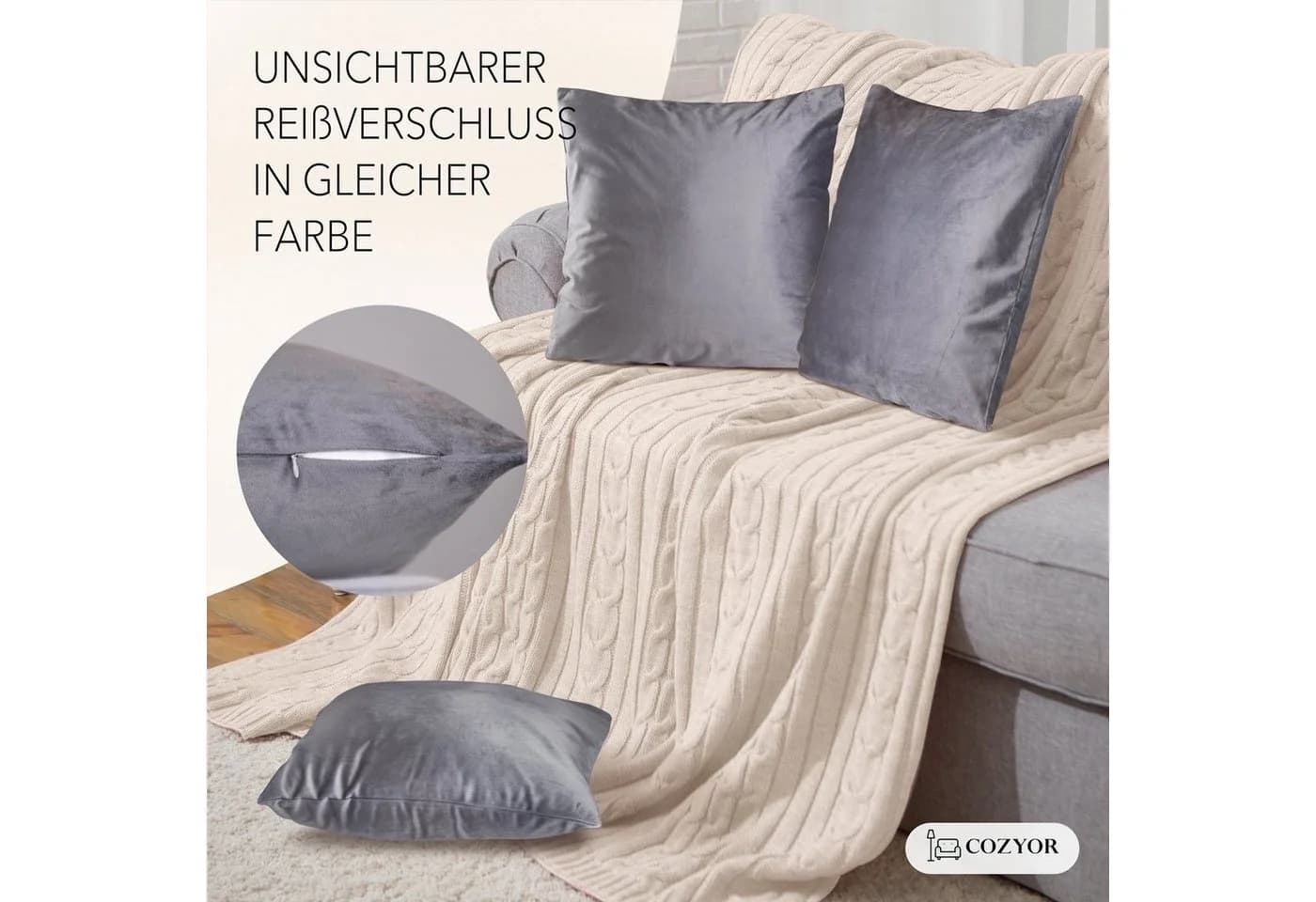 Cozyor Samt Kissenbezug 40x40 cm Anthrazit mit Reißverschluss - Bild 5