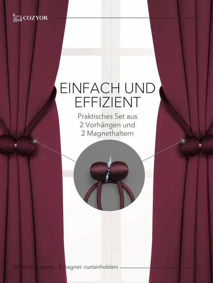 Cozyor Vorhang Set 2x Gardine verdunkelnd Polyester Bordeaux mit Stange