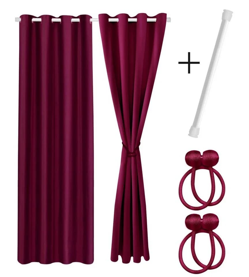Cozyor Vorhang Set 2x Gardine verdunkelnd Polyester Bordeaux mit Stange - Bild 2