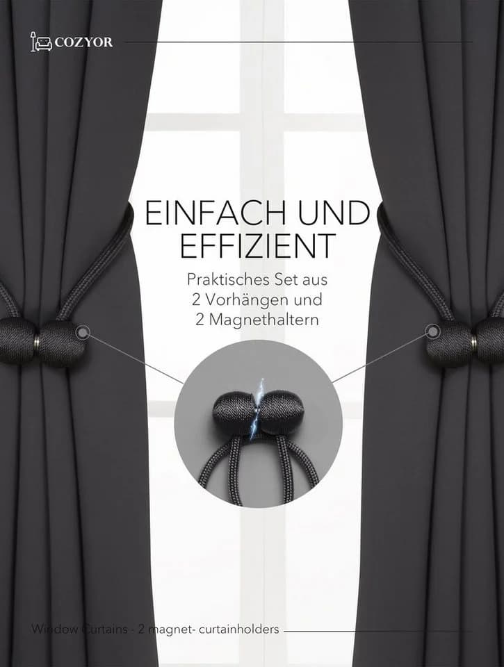 Cozyor Vorhang Set 2x Anthrazit mit Stange ohne Bohren