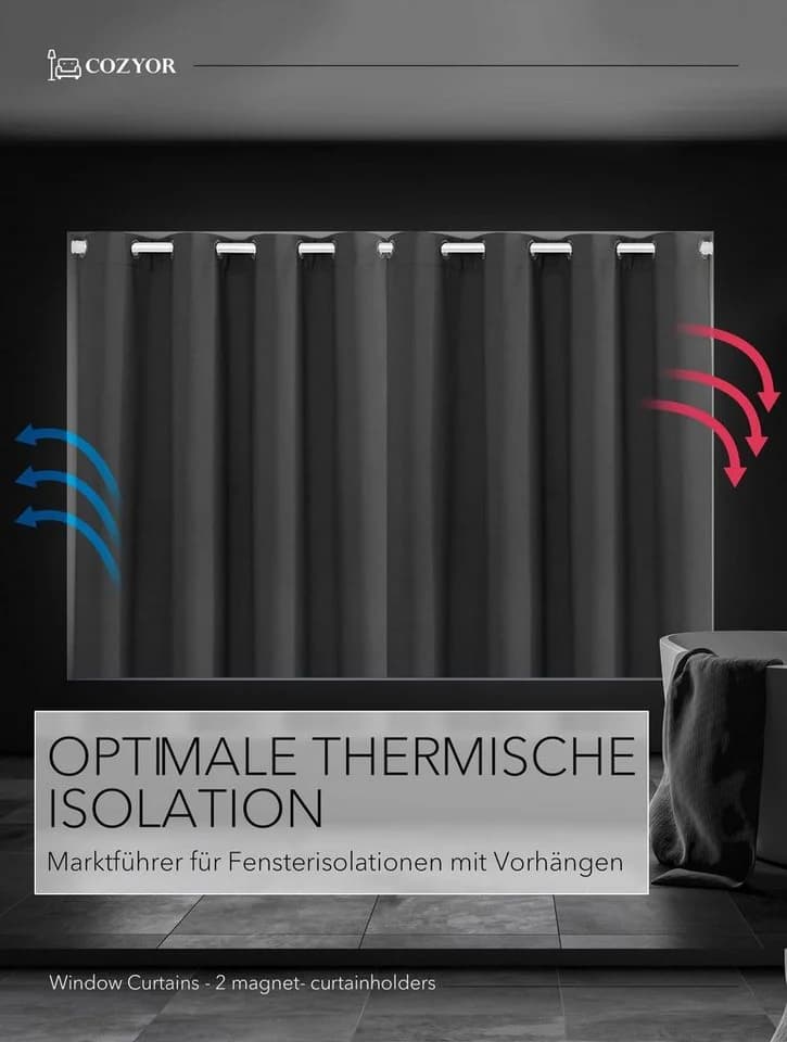 Cozyor Vorhang Set 2x Anthrazit mit Stange ohne Bohren - Bild 5