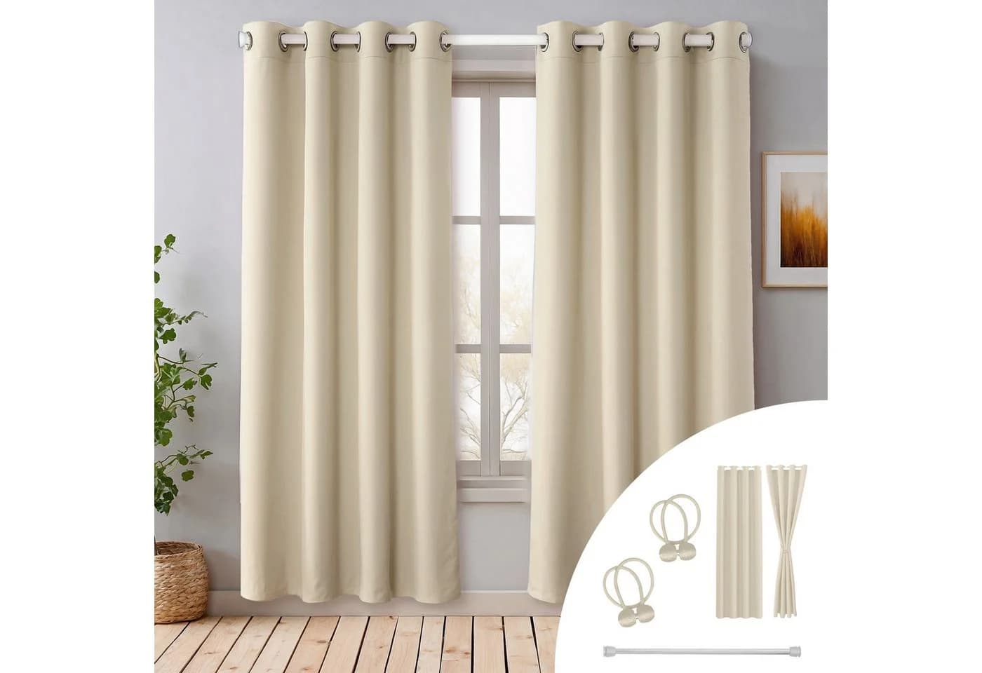 Cozyor Vorhang Set 2x Gardine + Stange ohne Bohren Beige Verdunkelnd - Bild 2