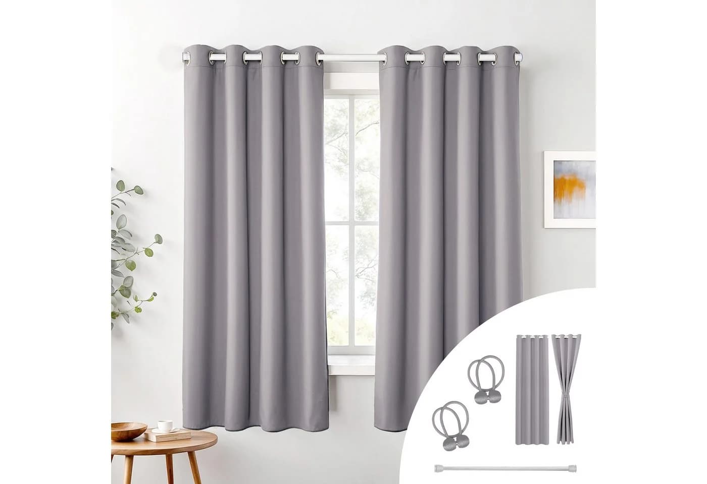 Cozyor Vorhang Set 2x Gardine Grau Verdunkelnd mit Stange - Bild 2