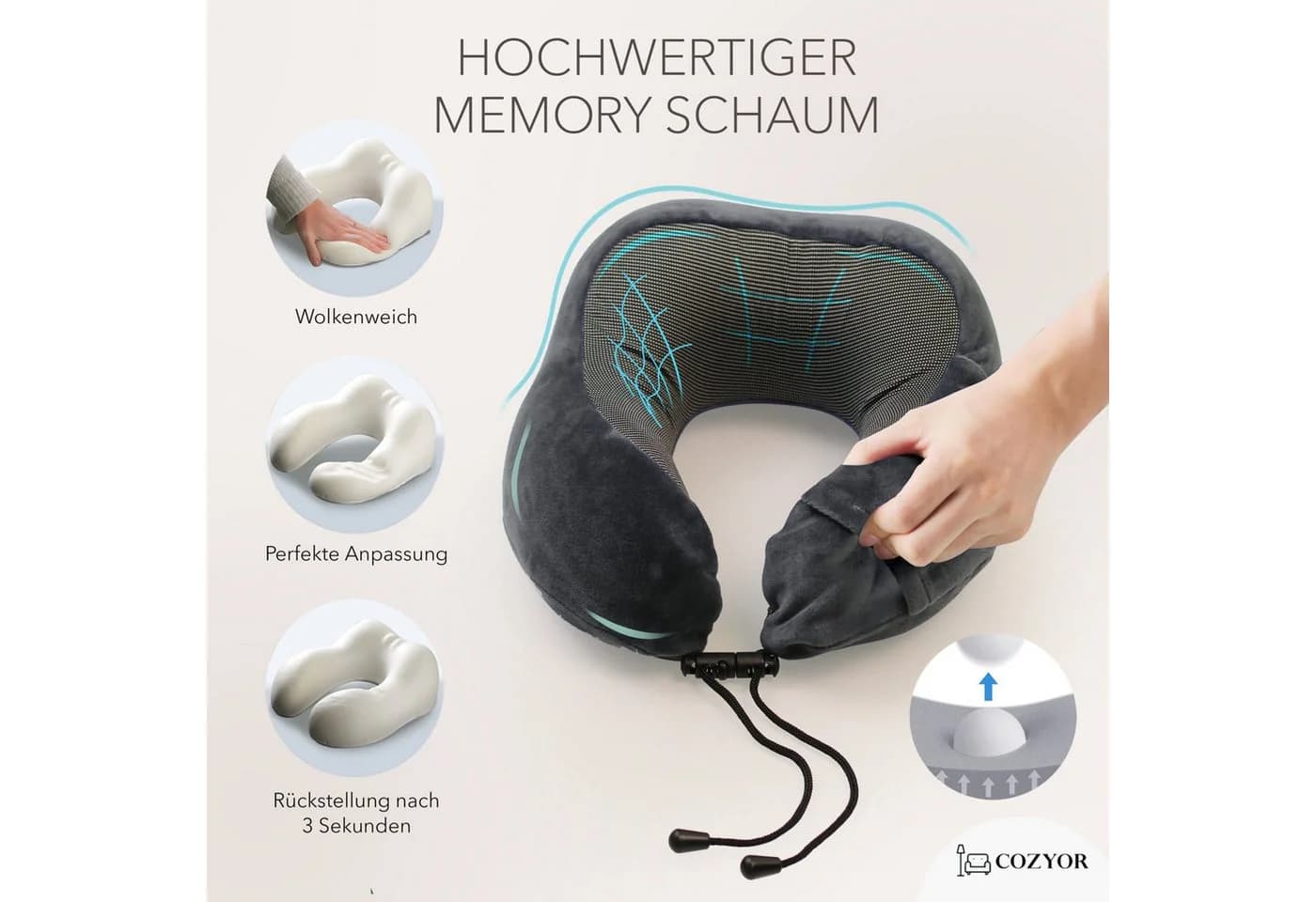 Cozyor Nackenkissen Memory Schaum mit Schlafmaske Set Grau - Bild 3