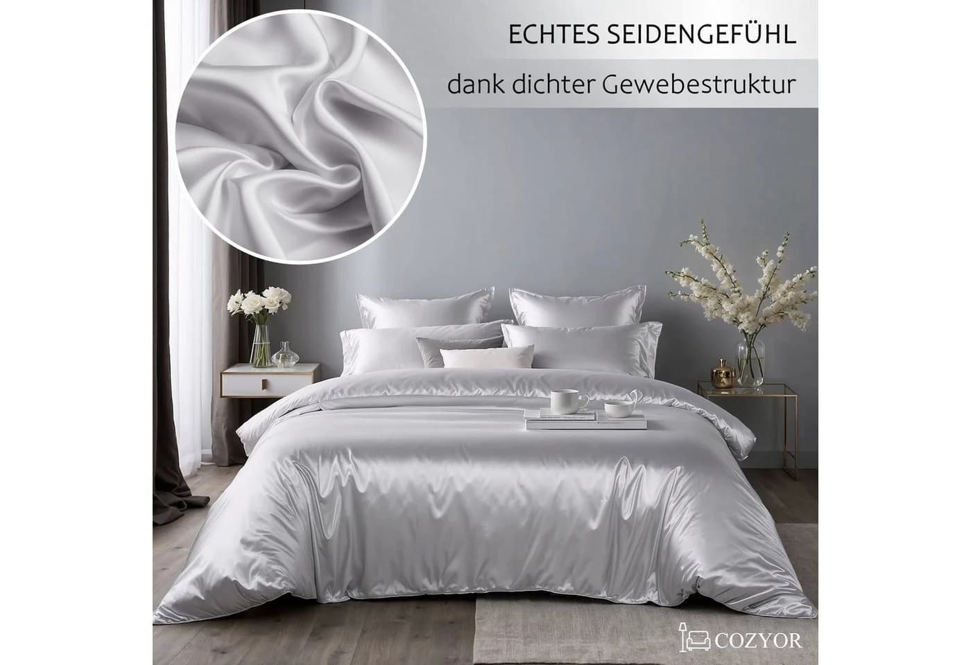 Cozyor Satin-Bettwäsche Weiß Purity 3-teilig mit Reißverschluss - Bild 5