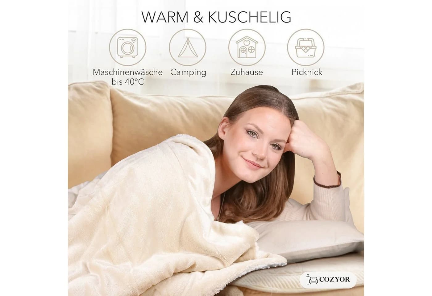 Cozyor Wohndecke Kuscheldecke XL warm Sherpa, dicke Sofadecke, hochwertige Tagesdecke Beige - Bild 3