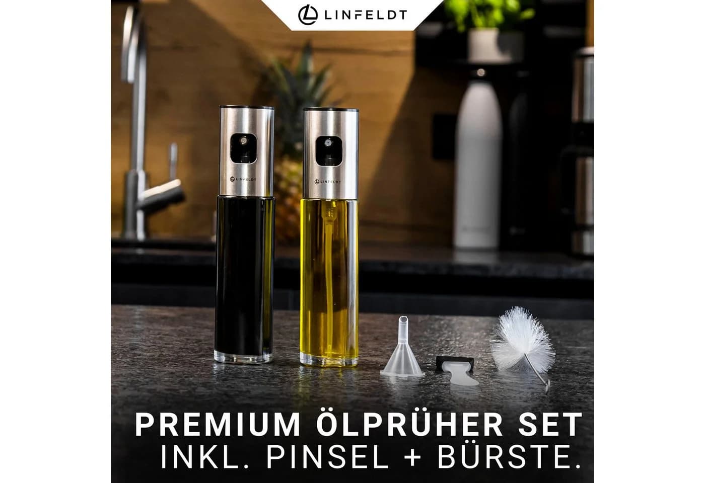 LINFELDT Ölspender 2er Set Edelstahl Glas mit Pinsel & Trichter