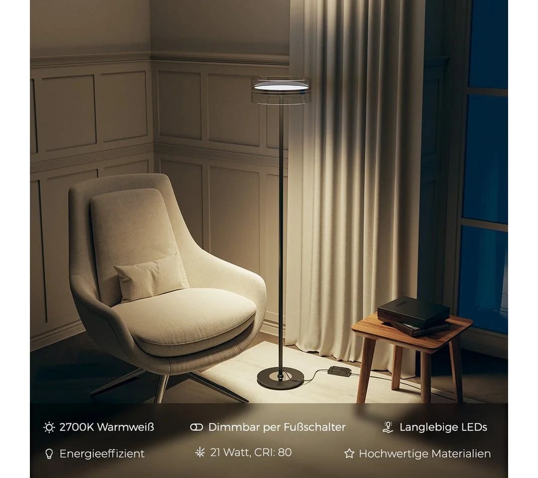 Neona LED Stehlampe THEIA Schwarz Chrom LED fest integriert Warmweiß