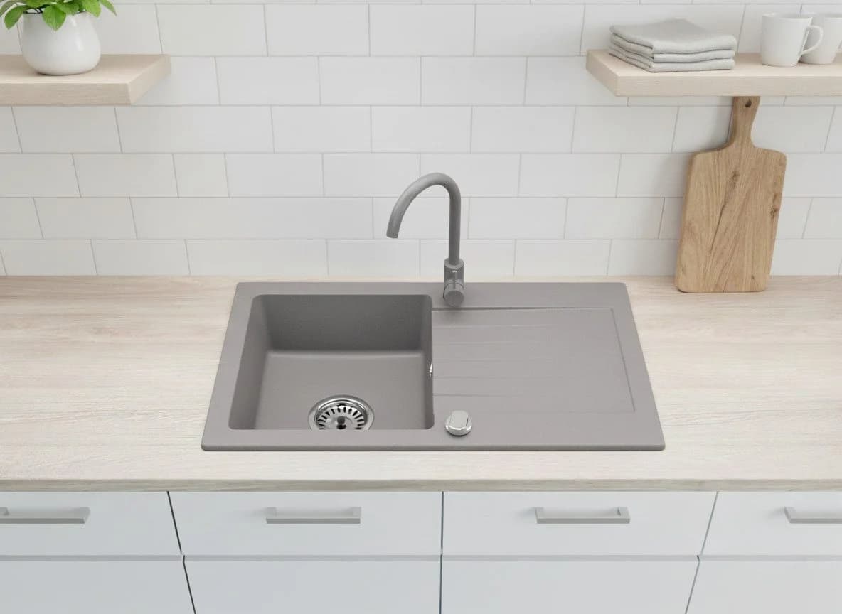 Faizee Möbel Granitspüle Einbauspüle Grau Reversibel Komplett-Set