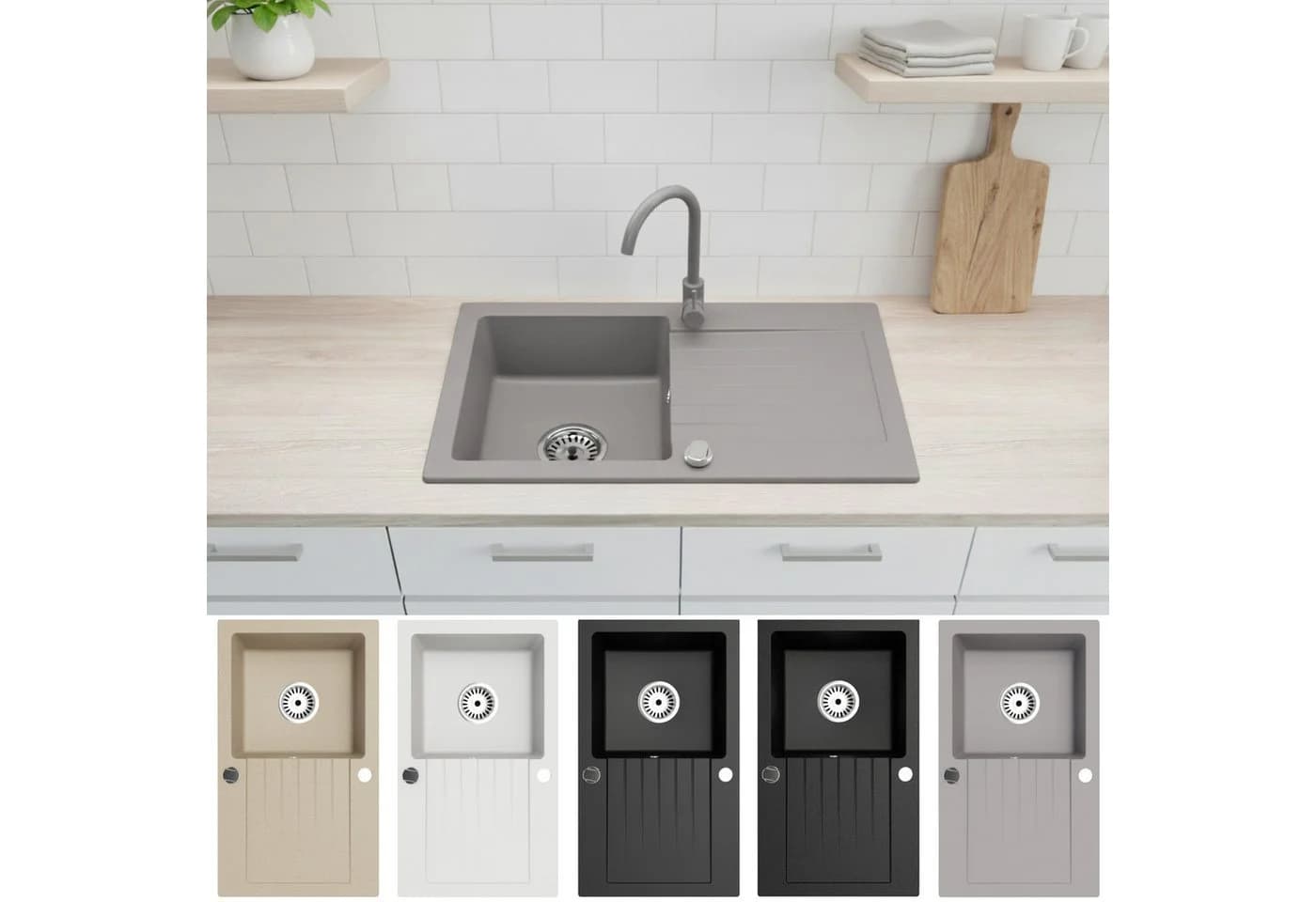 Faizee Möbel Granitspüle Einbauspüle Grau Reversibel Komplett-Set - Bild 2